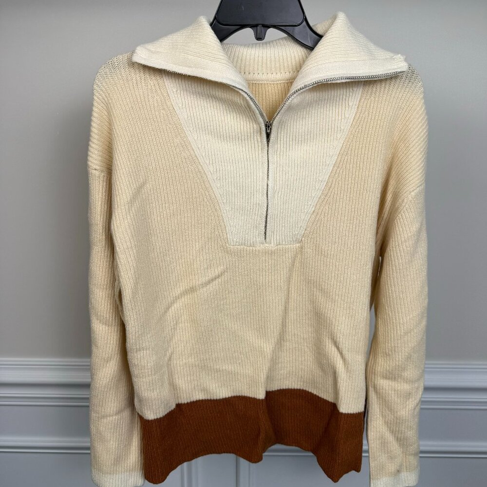 No Brand, Size M, Cream and brown pullover sweater, long-sleeve, half-zip.